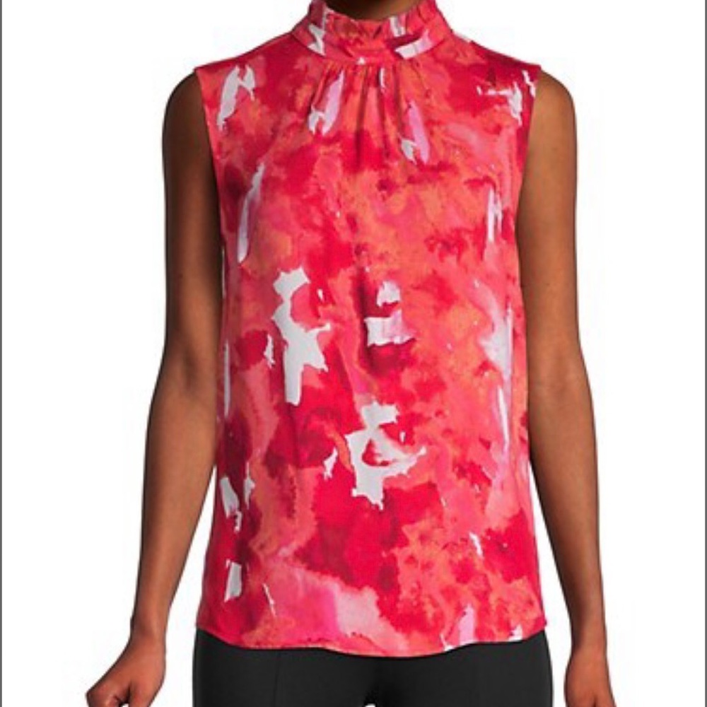 ✨HP✨NWT Donna Karan sleeveless top w/ ruffled mock neck, L, red and white floral
